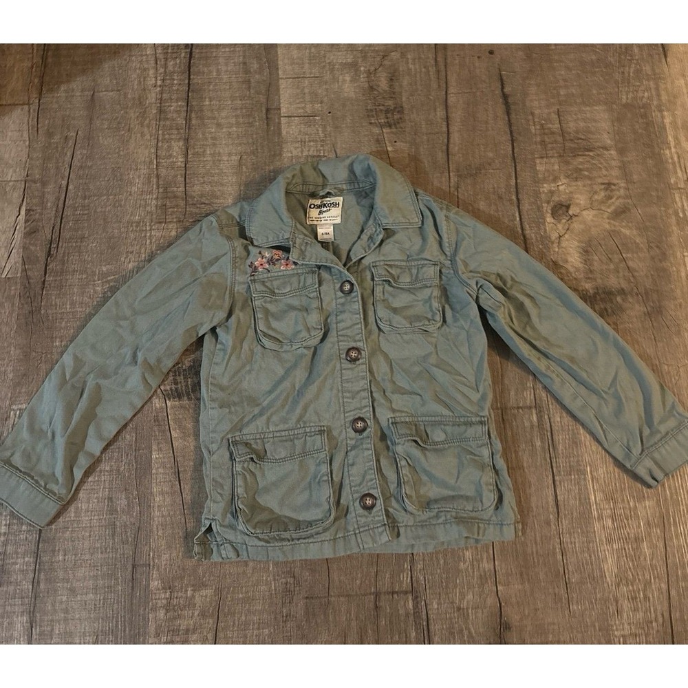 OshKosh Bgosh Girls Olive Green Utility Field Jacket‎ Floral Embroidery Size 8